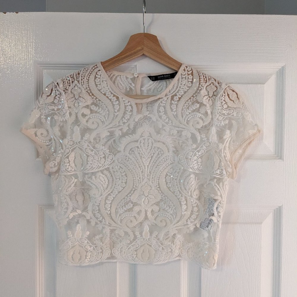 ZARA NWOT crop sheer top vintage with lace and sequin